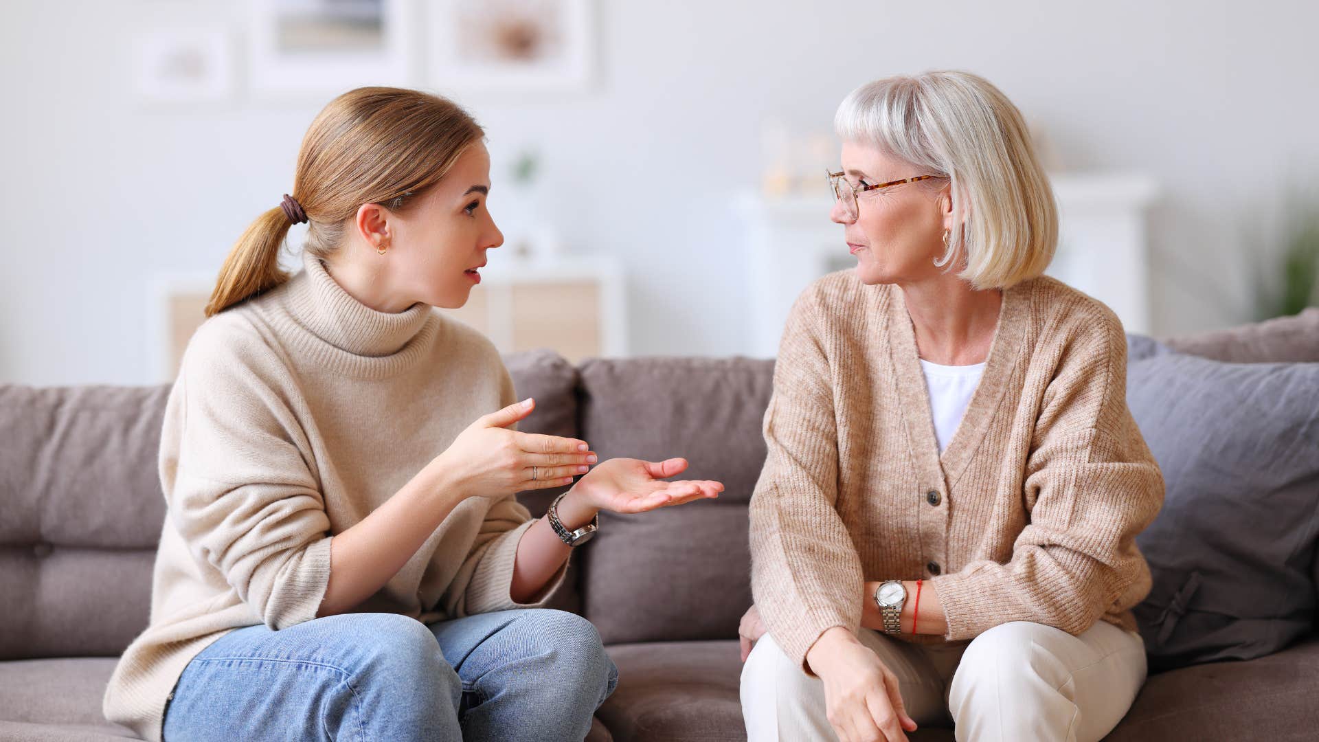 woman annoyed by daughter giving her exaggerated explanation