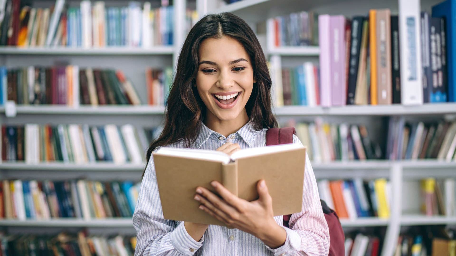 frugal woman reading at the library