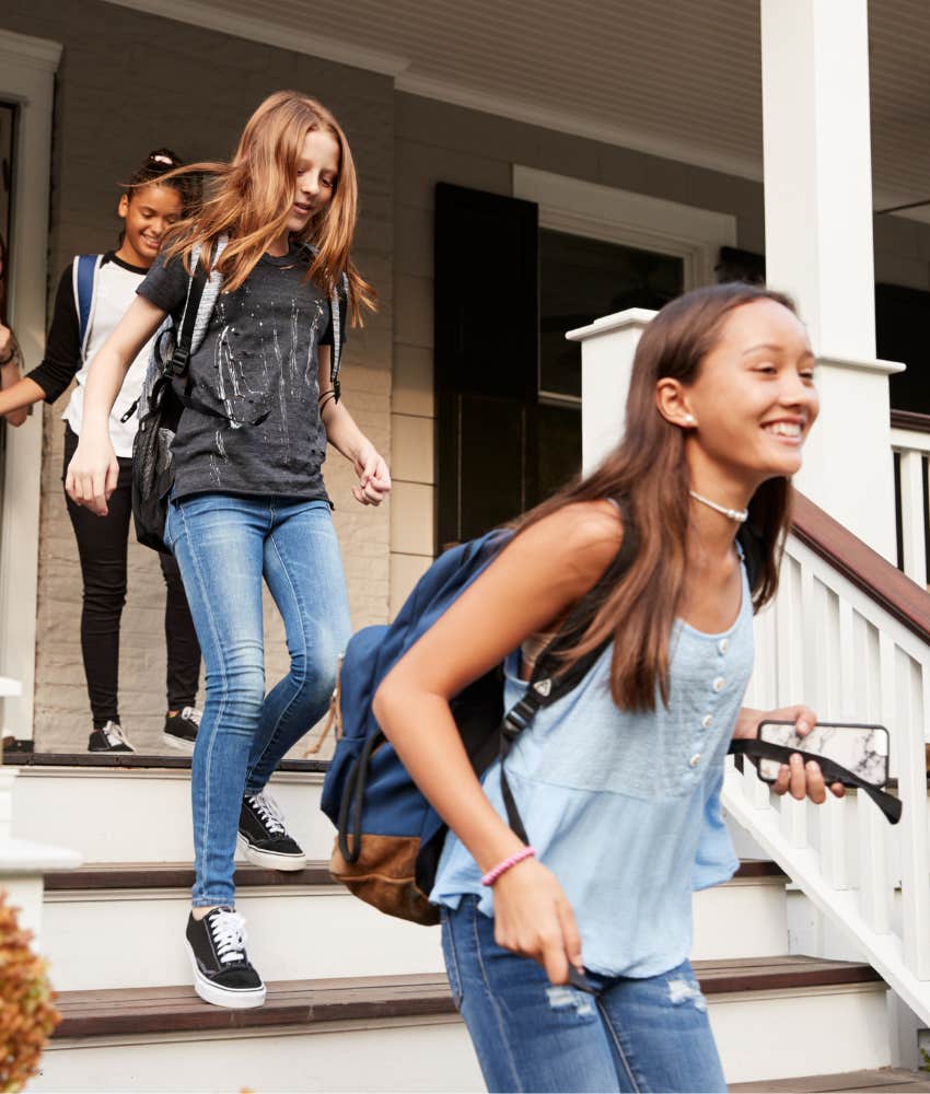 Enthusiastic kids leave house for activities showing intelligent parents 