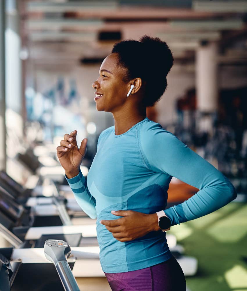 Happy person on running machine gets physical to not flip out