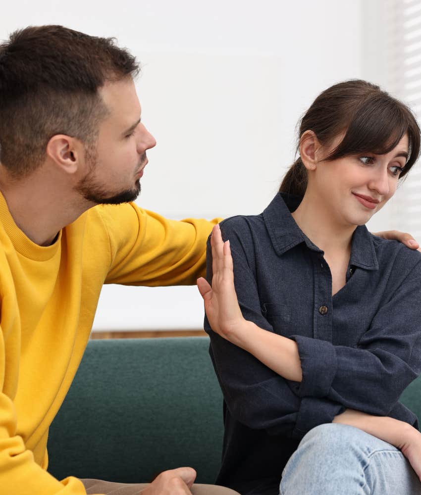 Annoyed woman stops self-absorbed man from constantly pressuring her 