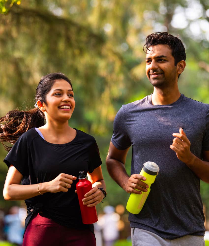 Happy couple share time exercising showing they are with the right person
