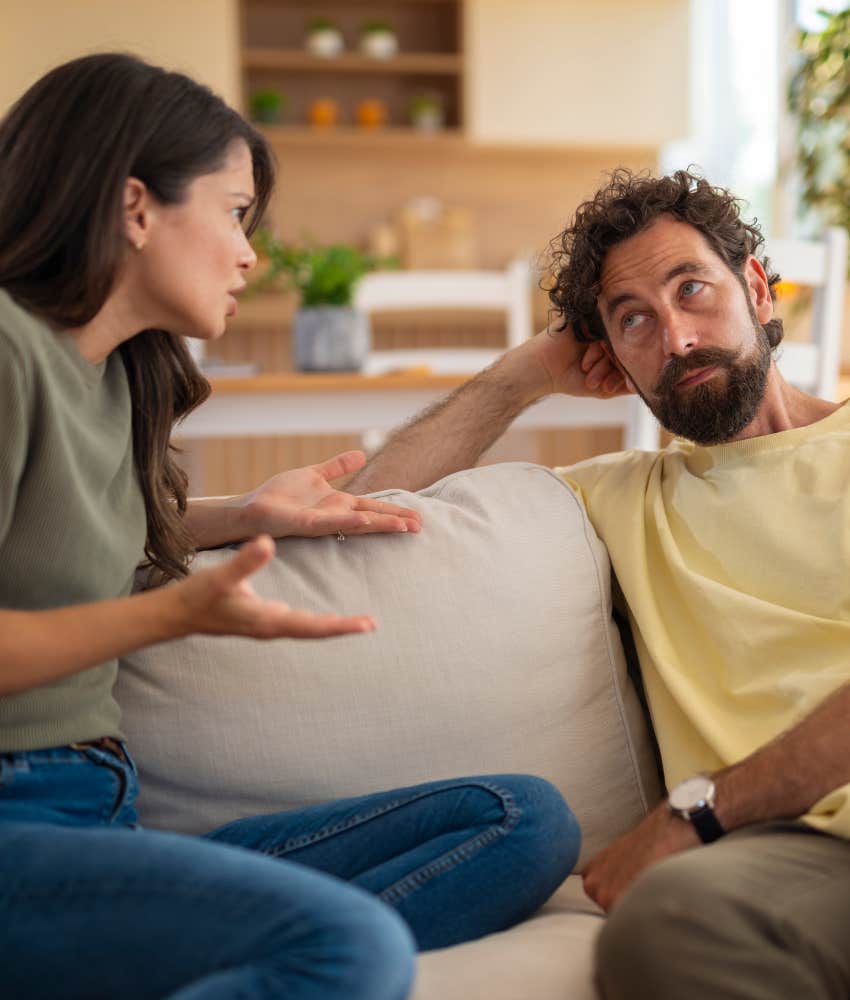 Upset person has discussion with calm partner showing they are with the right person