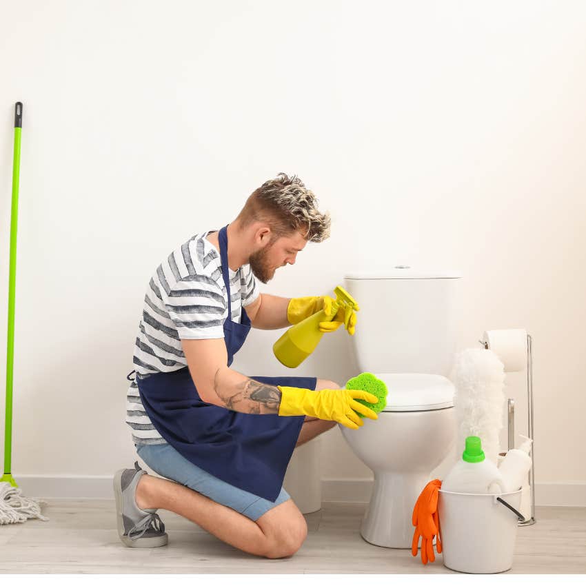Man cleaning toilet because doesn't sit to pee urologist says healthier