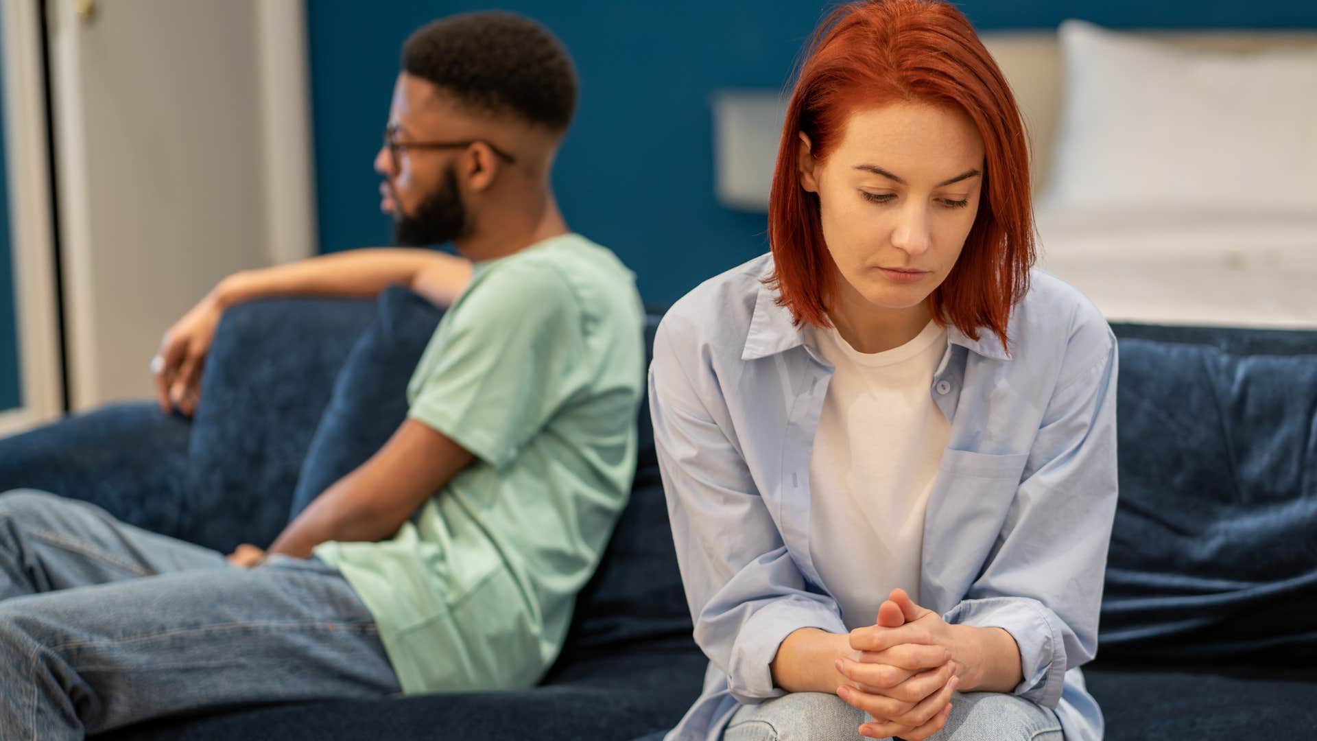 Woman who's not initiating physical touch at home.