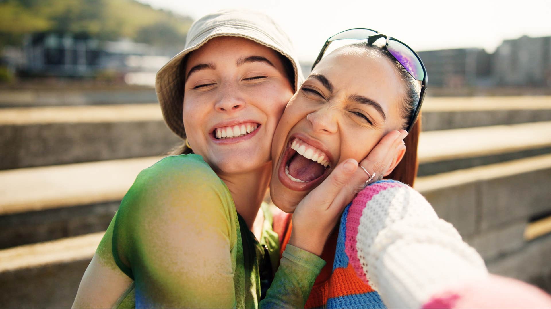 happy best friends who are secure in their authenticity hugging having fun