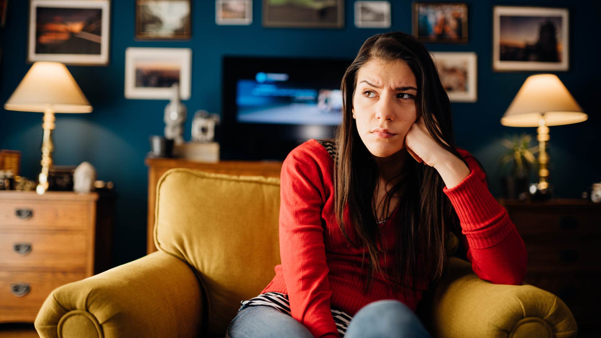 introverted woman slow to trust others thinking at home