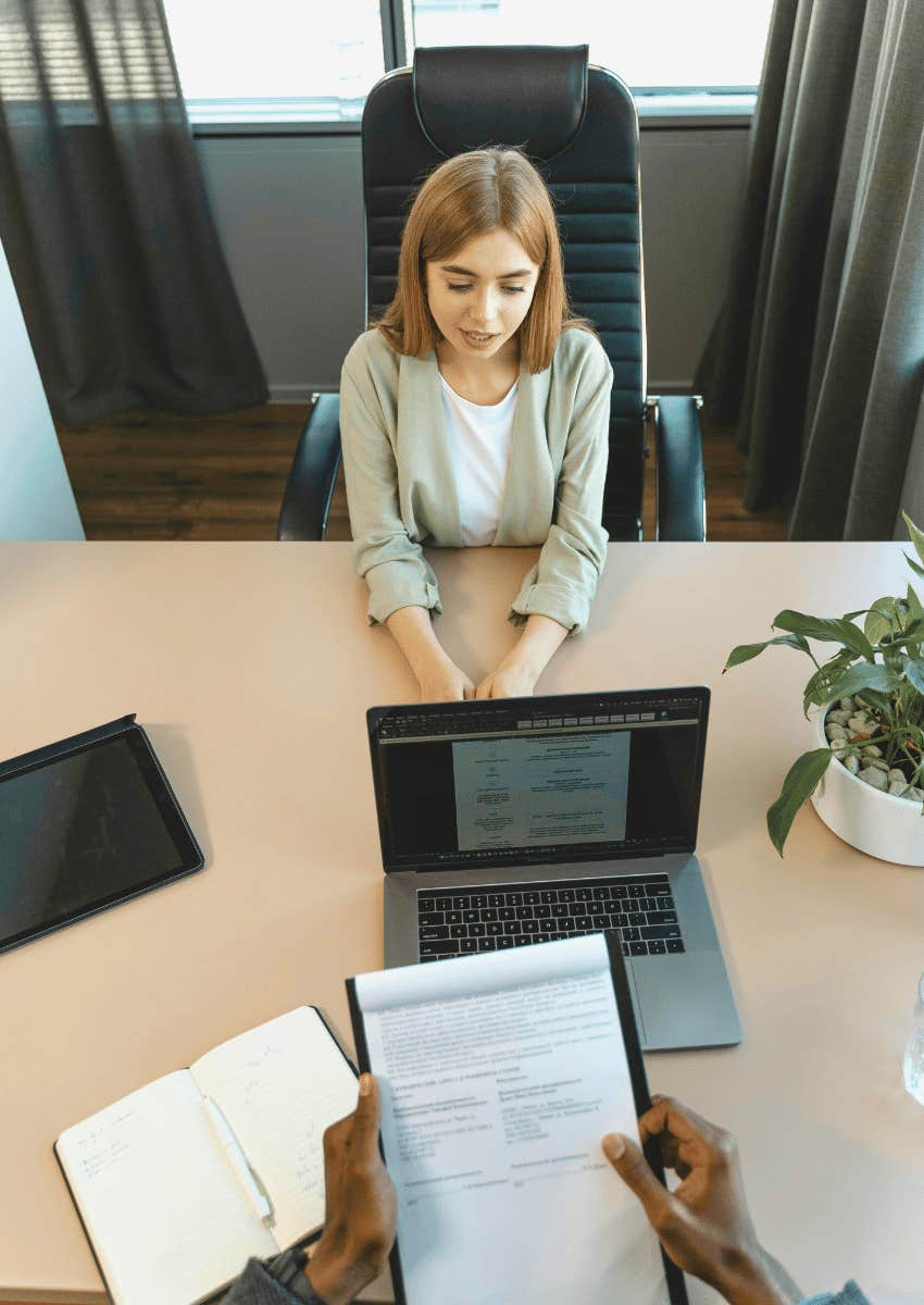 young woman sitting in a job interview