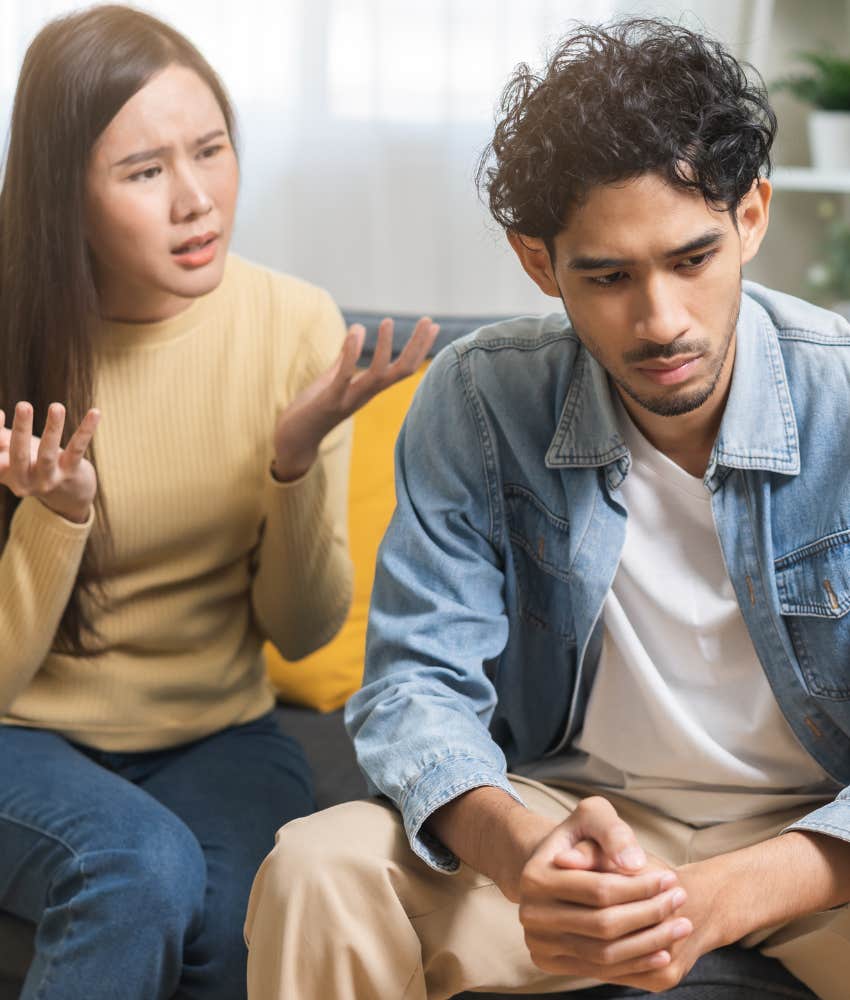 Frustrated couple can't work things out showing almost relationship
