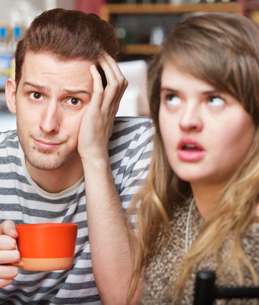Annoyed person and emotional partner showing relationship is over