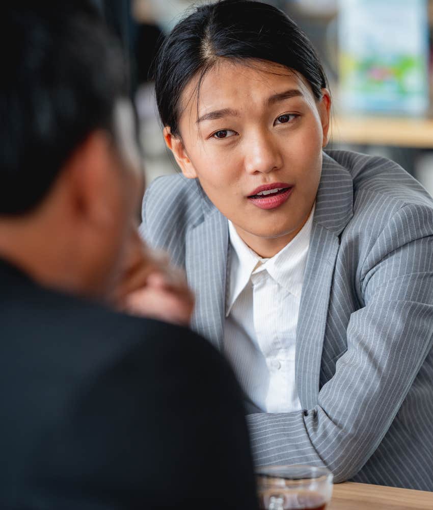 Intelligent person speaks to colleague showing natural behavior