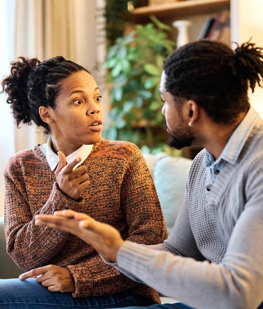 Unhappy couple disagree showing criticism in controlling relationship