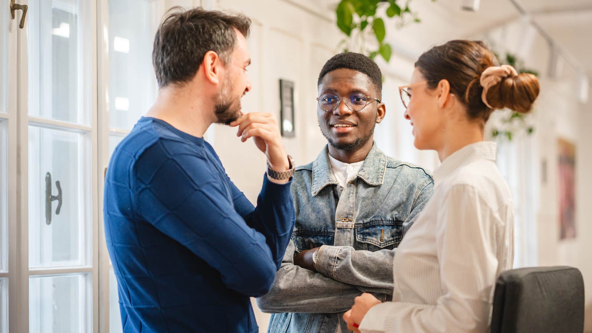 Three calm people chat showing gratitude for ex makes best couples