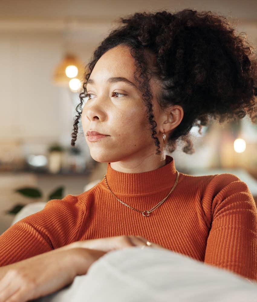 Calm person thinks carefully showing less stress from inner trust