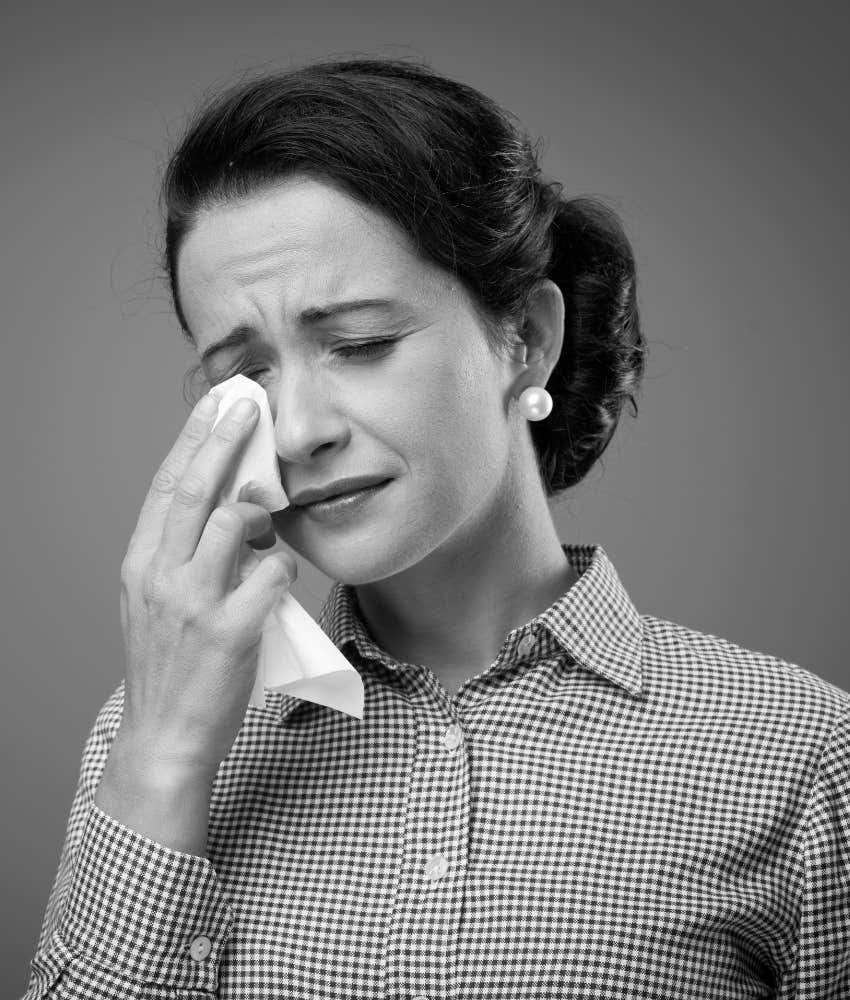 Crying woman showing realization first online date was awkward