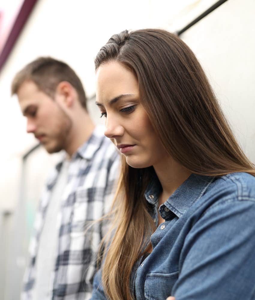 Jealous woman and upset boyfriend showing unhealthy relationship