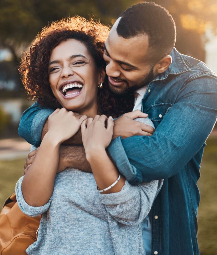 Happy couple hug showing commitment