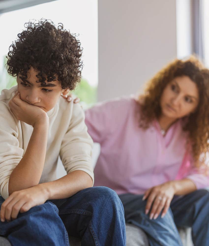 Loving mom support kid showing way to take out emotional trash