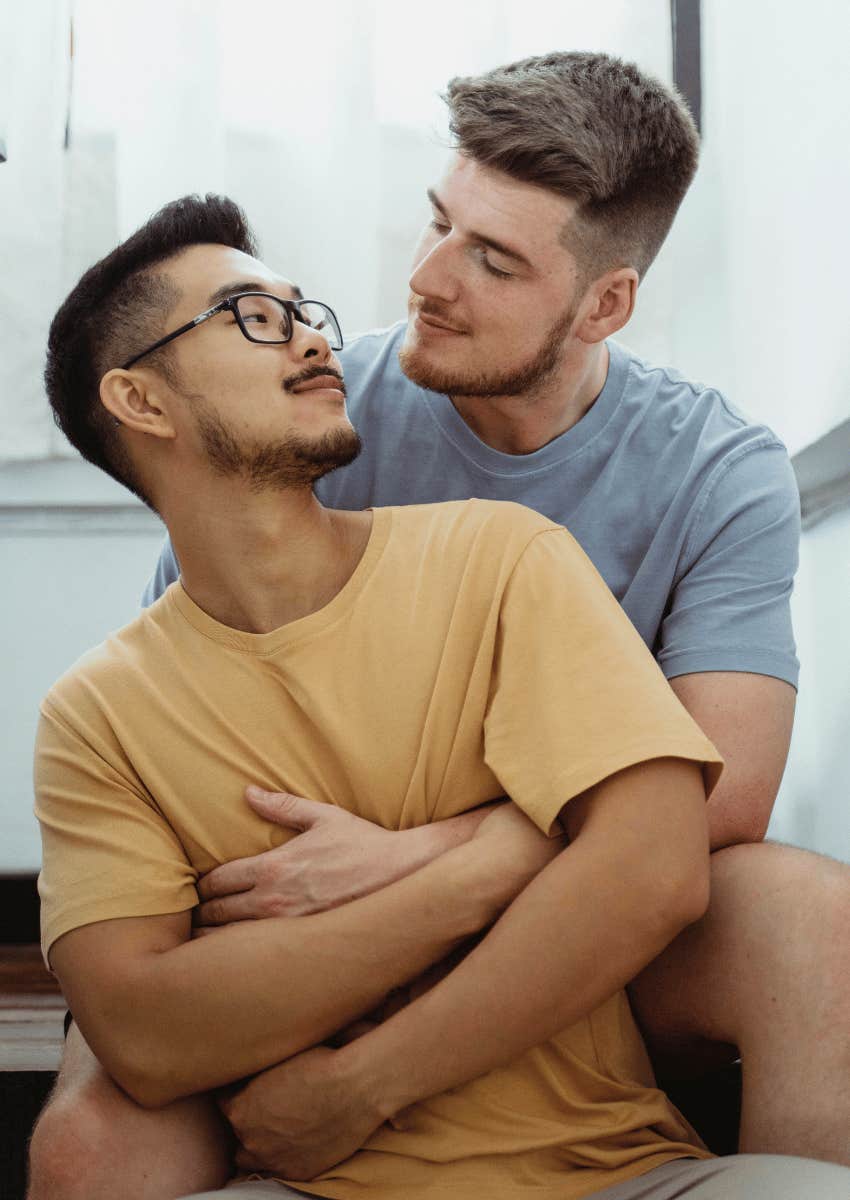loving male couple hugging each other