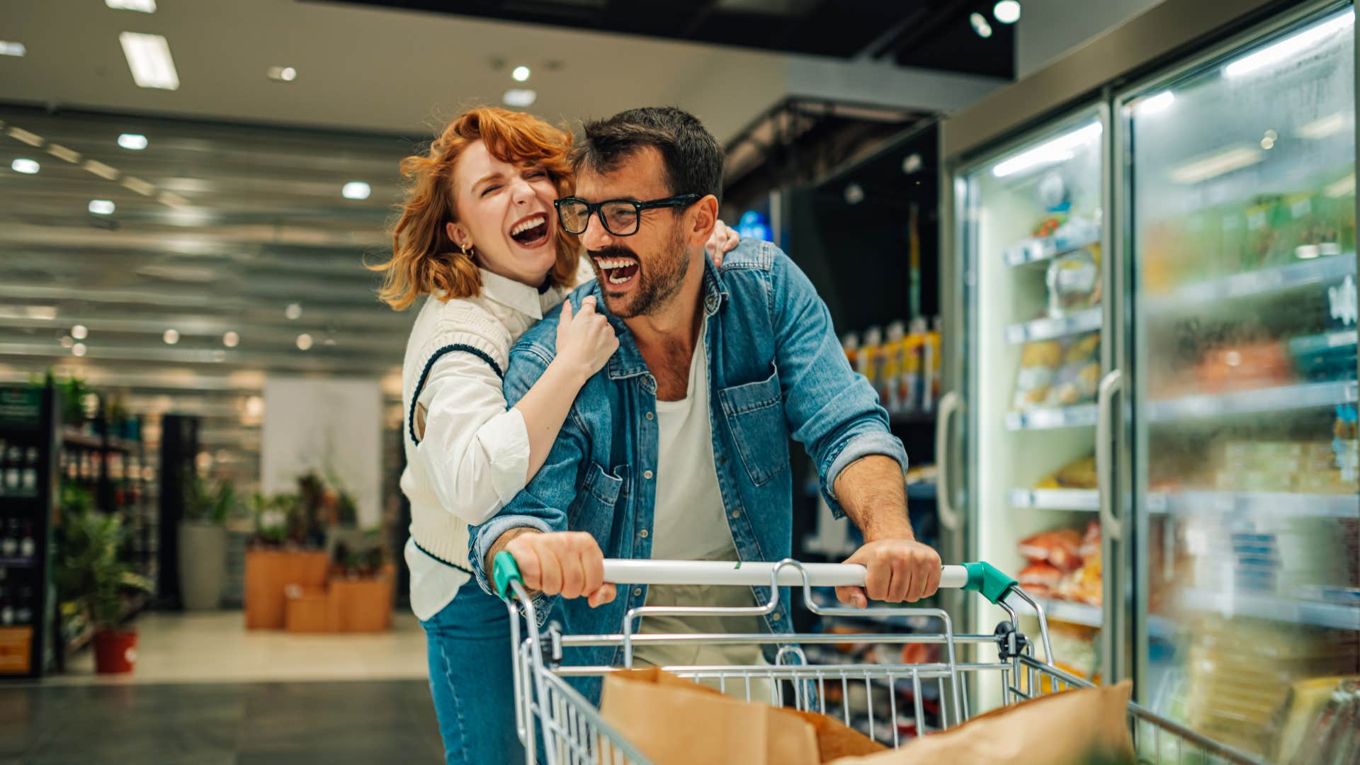 couple in the supermarket man respecting his partner's quirky behavior
