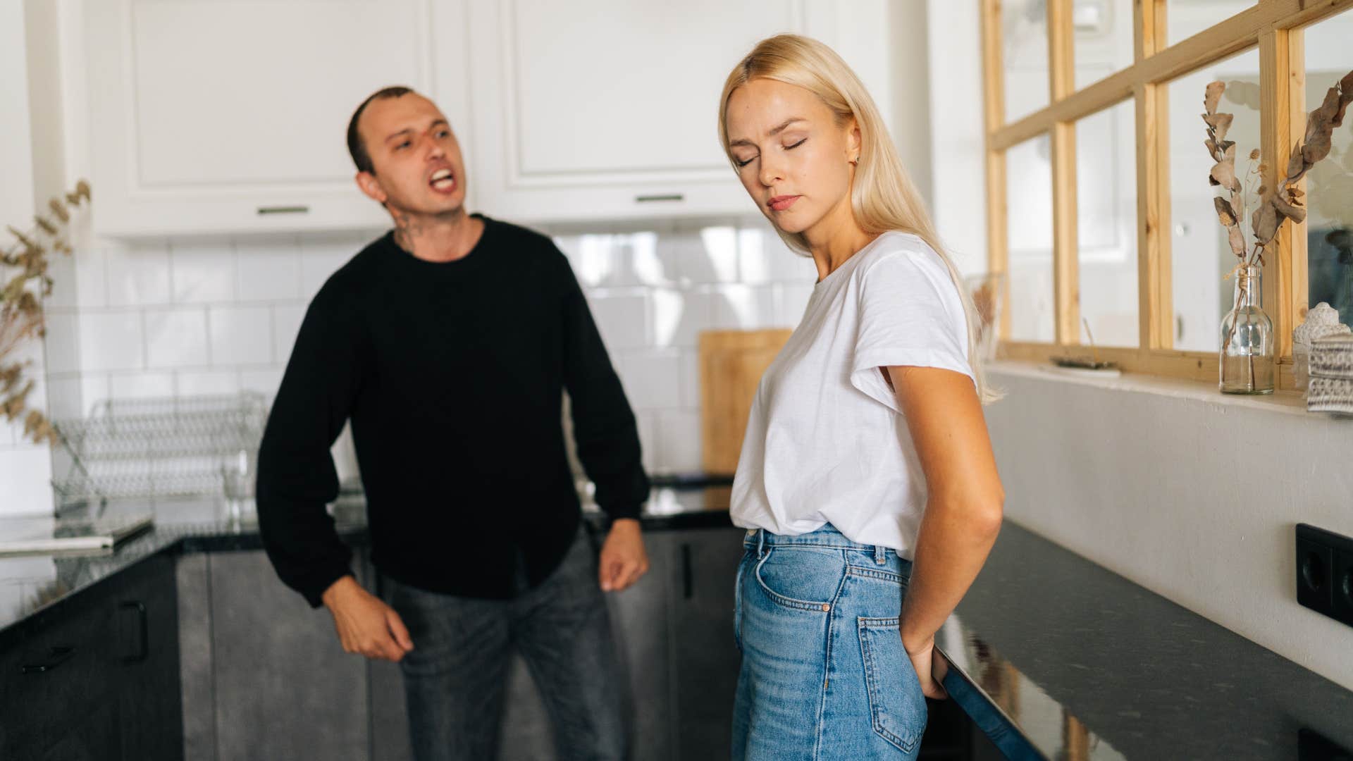 rude man yelling at woman saying here we go