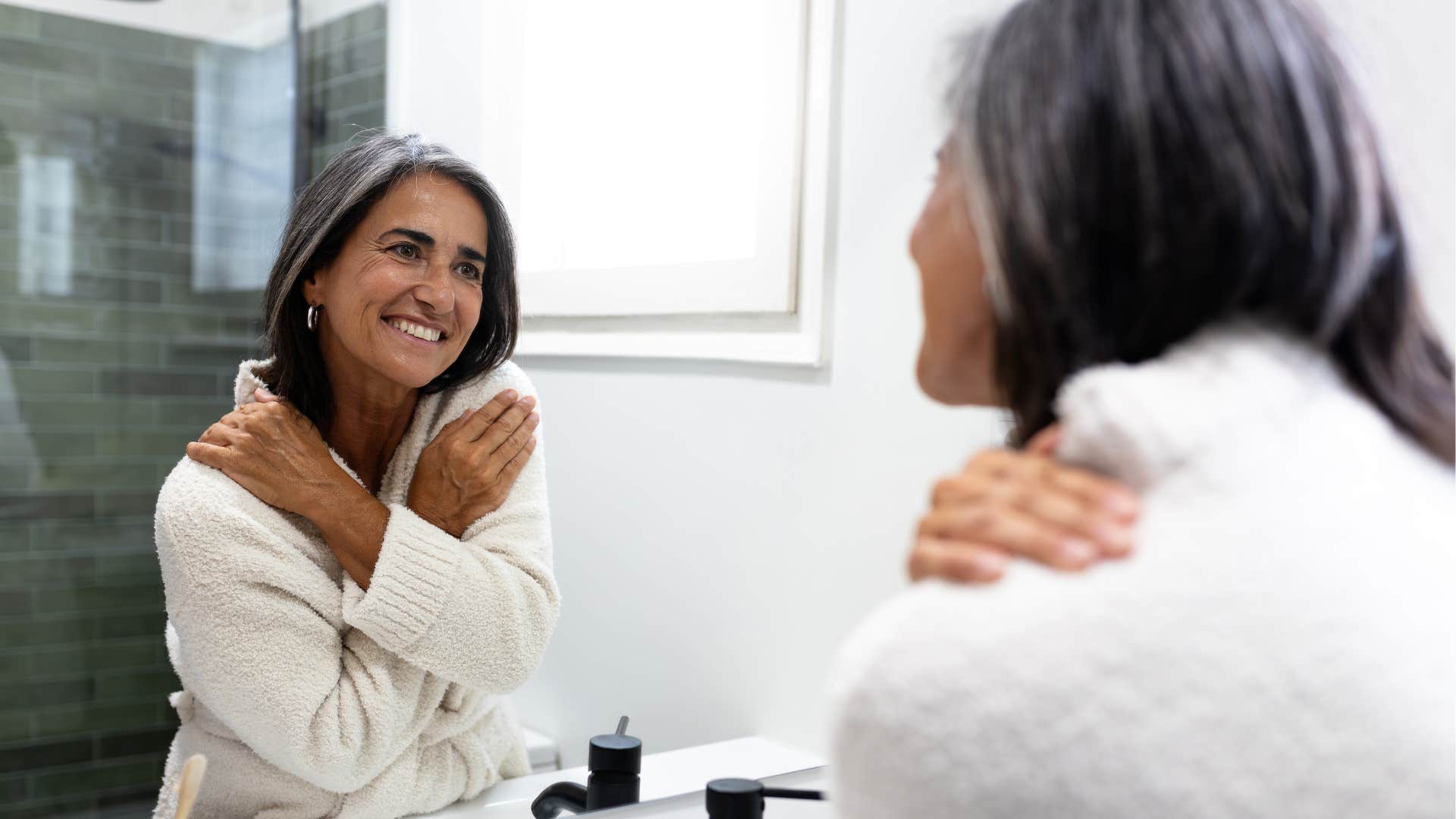Content person hugs self showing reason married wrong man