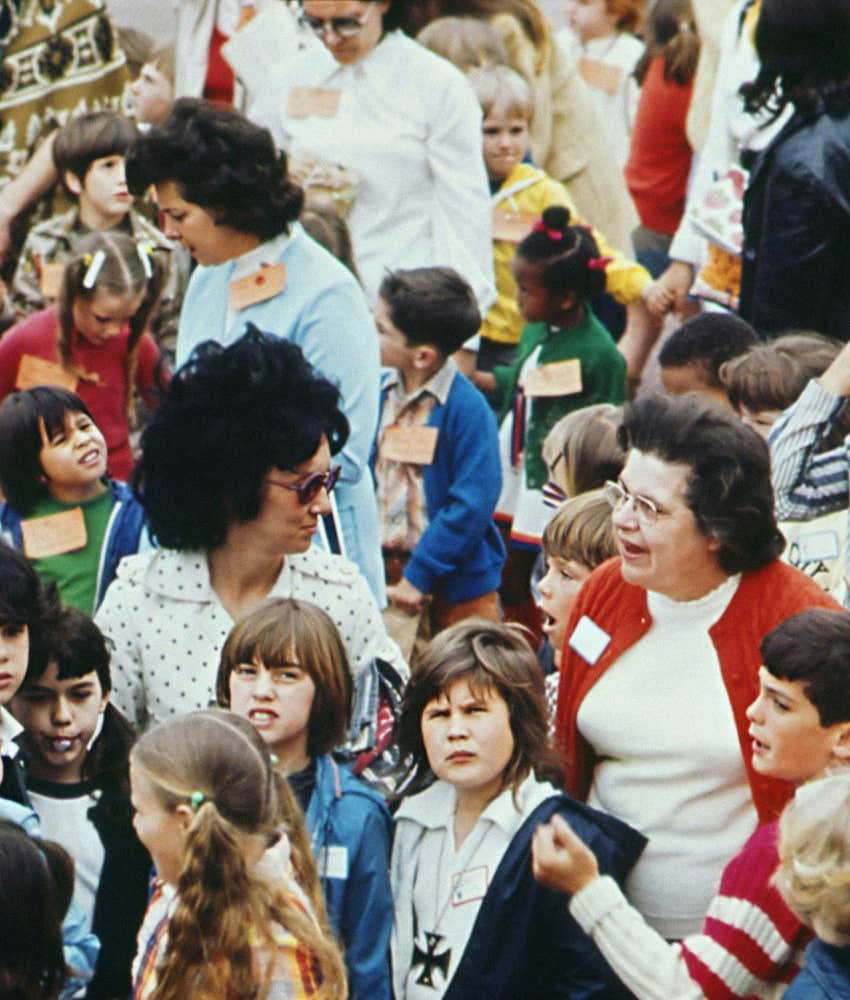 Group of 1970s kids and adults