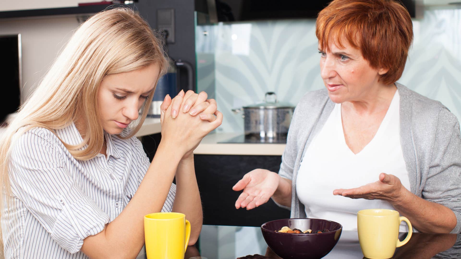 mom fighting with adult daughter saying you always take things the wrong way