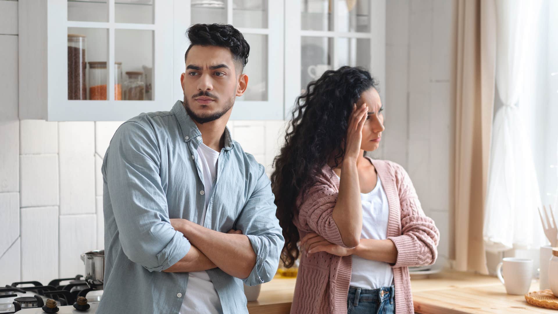 Fed up person won't look at partner showing breakup with no loos ends
