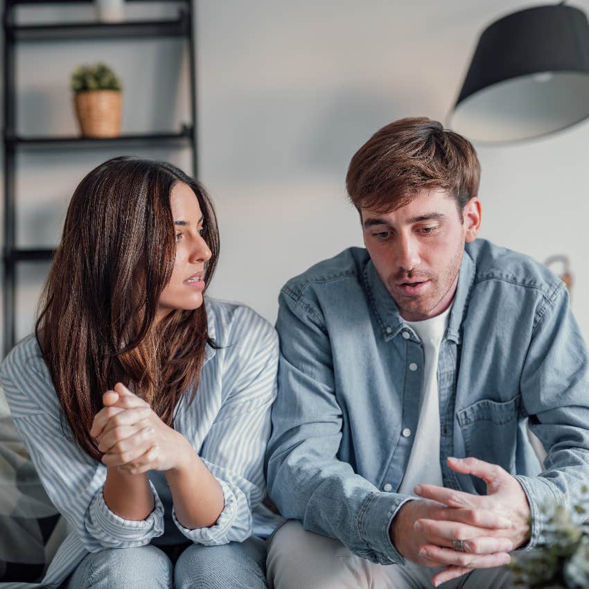 man and woman talking on couch weird places trap bad energy
