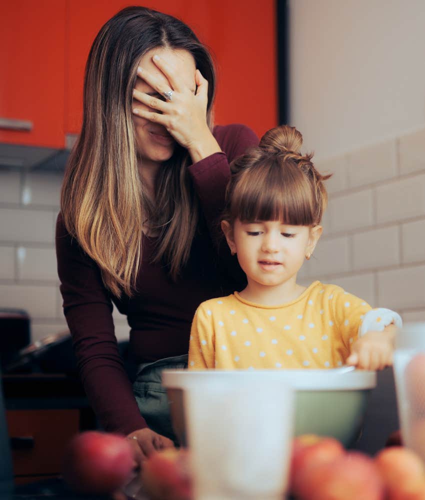 Face palm mom and young child cook showing parenting for gen-x was different
