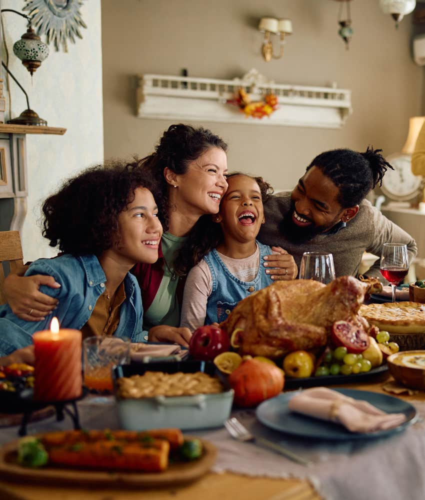 Happy family share meal showing great parents enhance lives