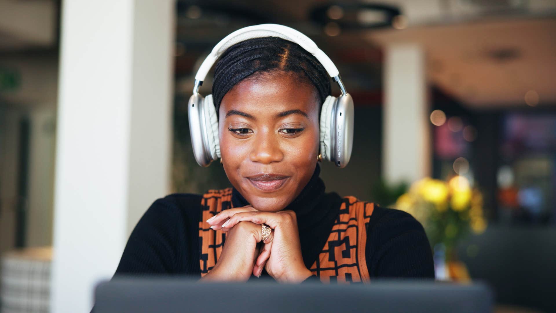 highly intelligent woman with strong impulse control listening to music