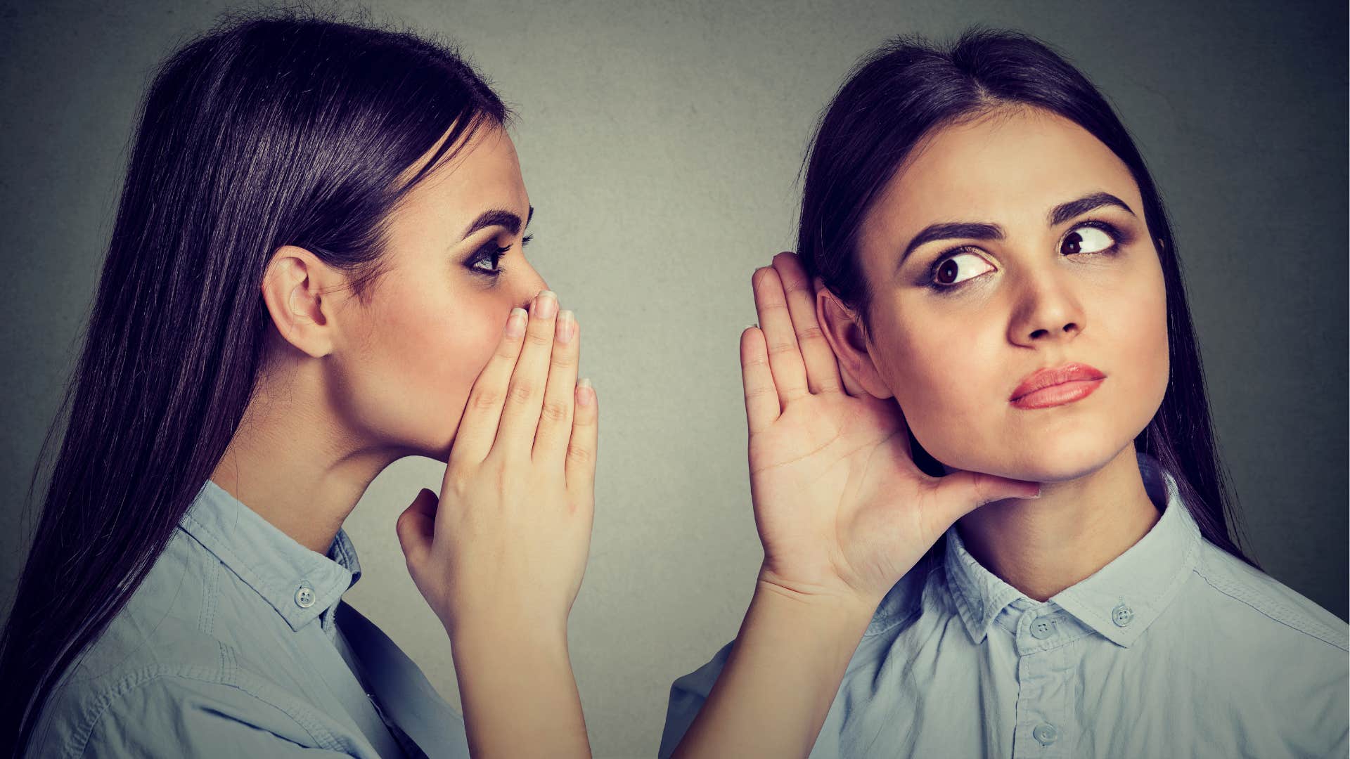 Double image of distinct person whispering in own ear showing intuition