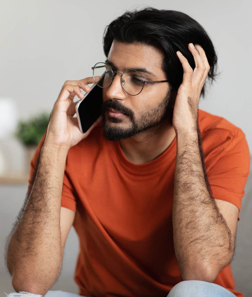 Serious person talks on phone showing way to stay hopeful