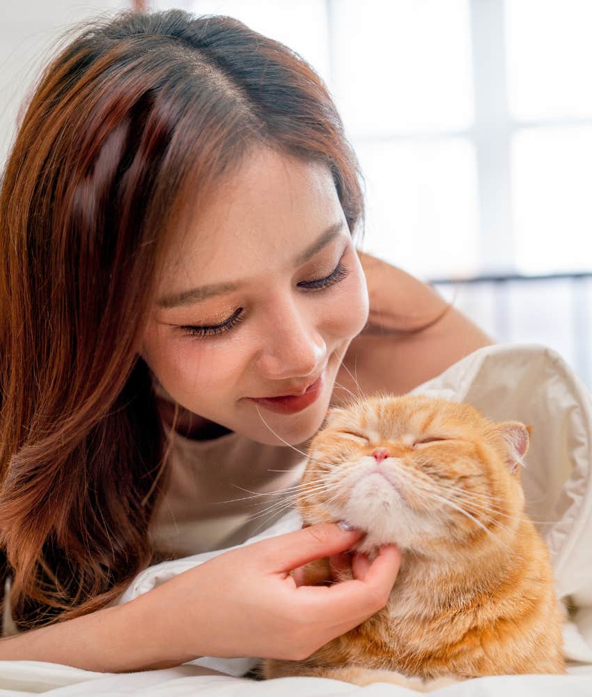Woman who loves her cat as much as a human scratching his chin