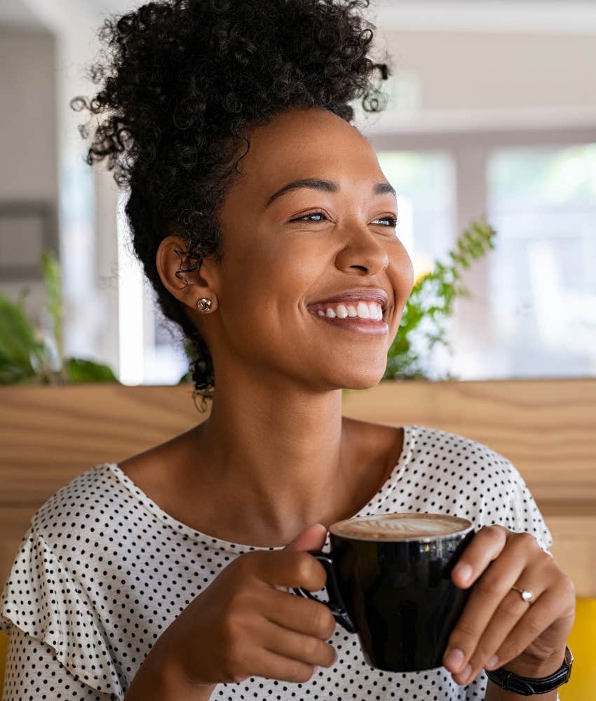 Joyous person appreciates simple moment showing distinctive personality 