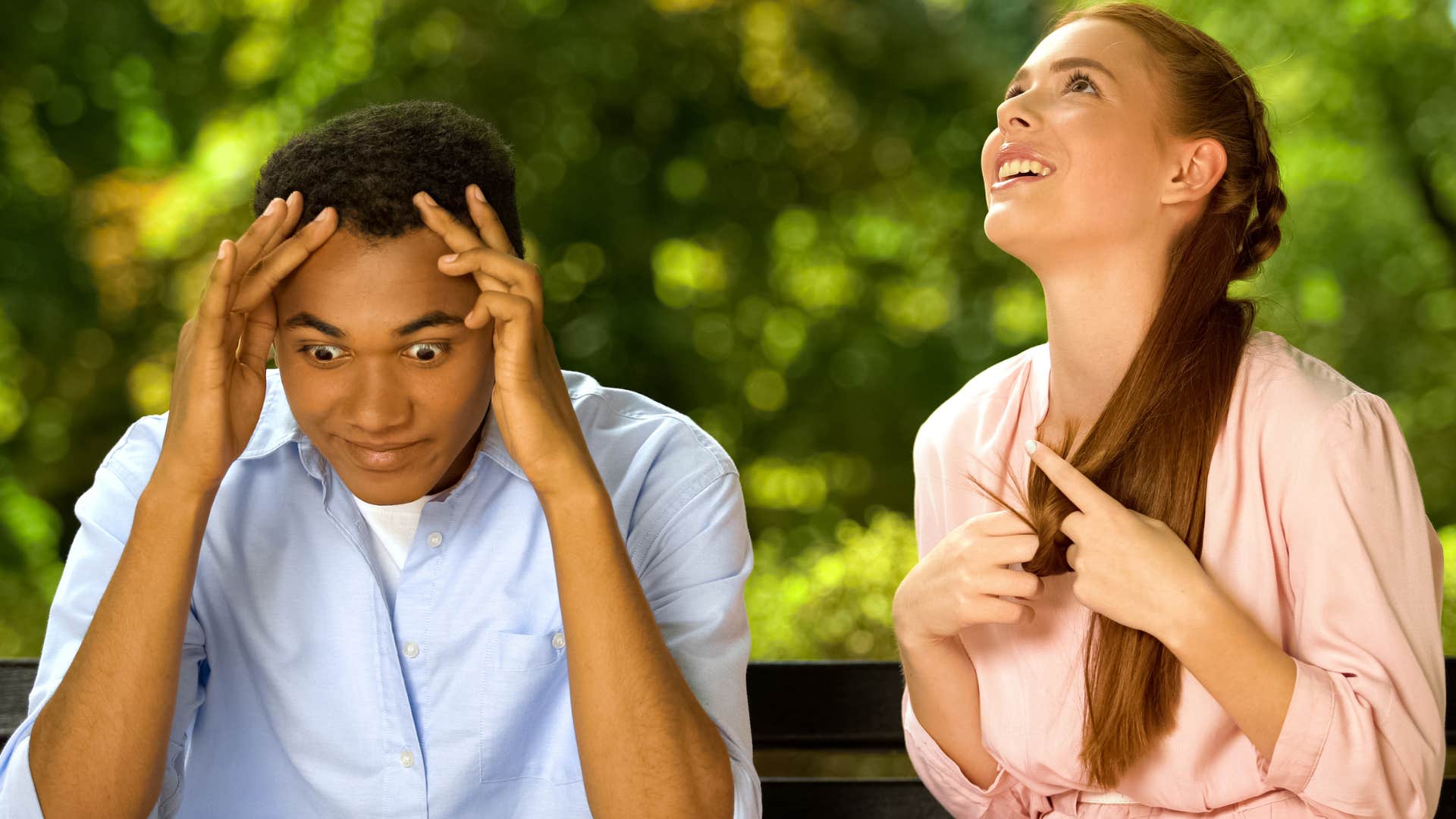 man annoyed by his partner using fake positivity