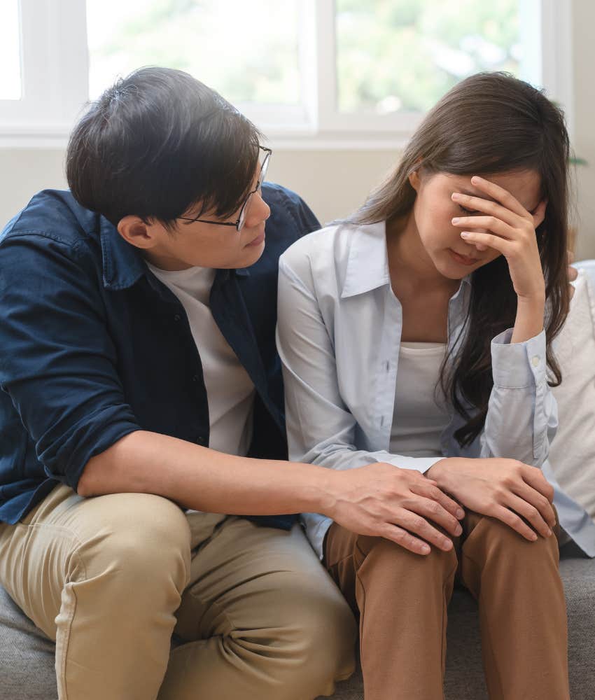 Concerned person helps partner with emotional support showing way to be ok in messy world