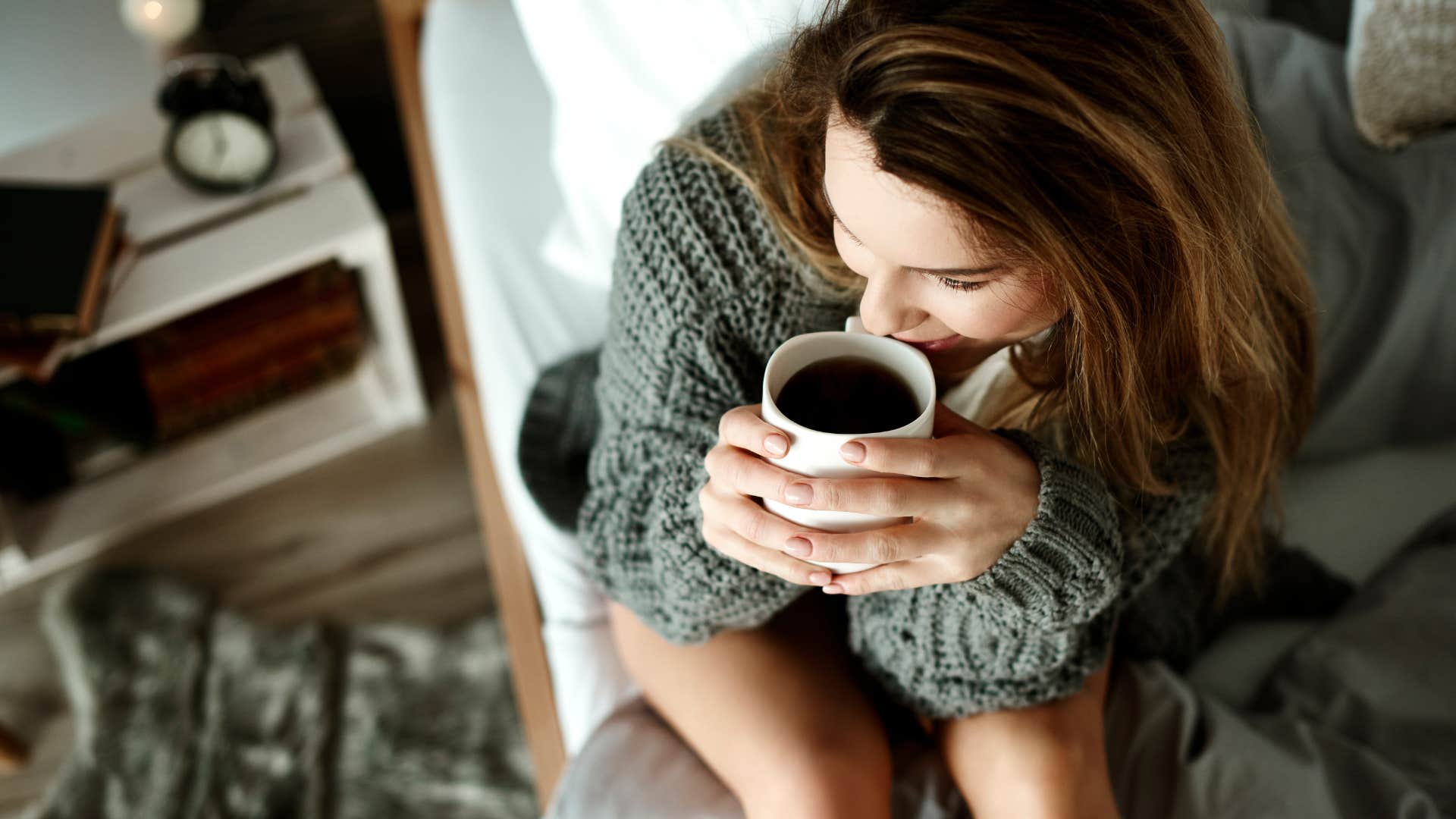 woman who can't talk to anyone until she's had coffee because she's a loner