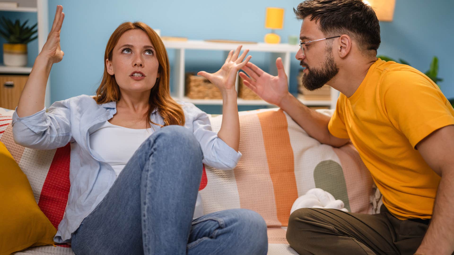 exhausted woman getting irritable with husband arguing