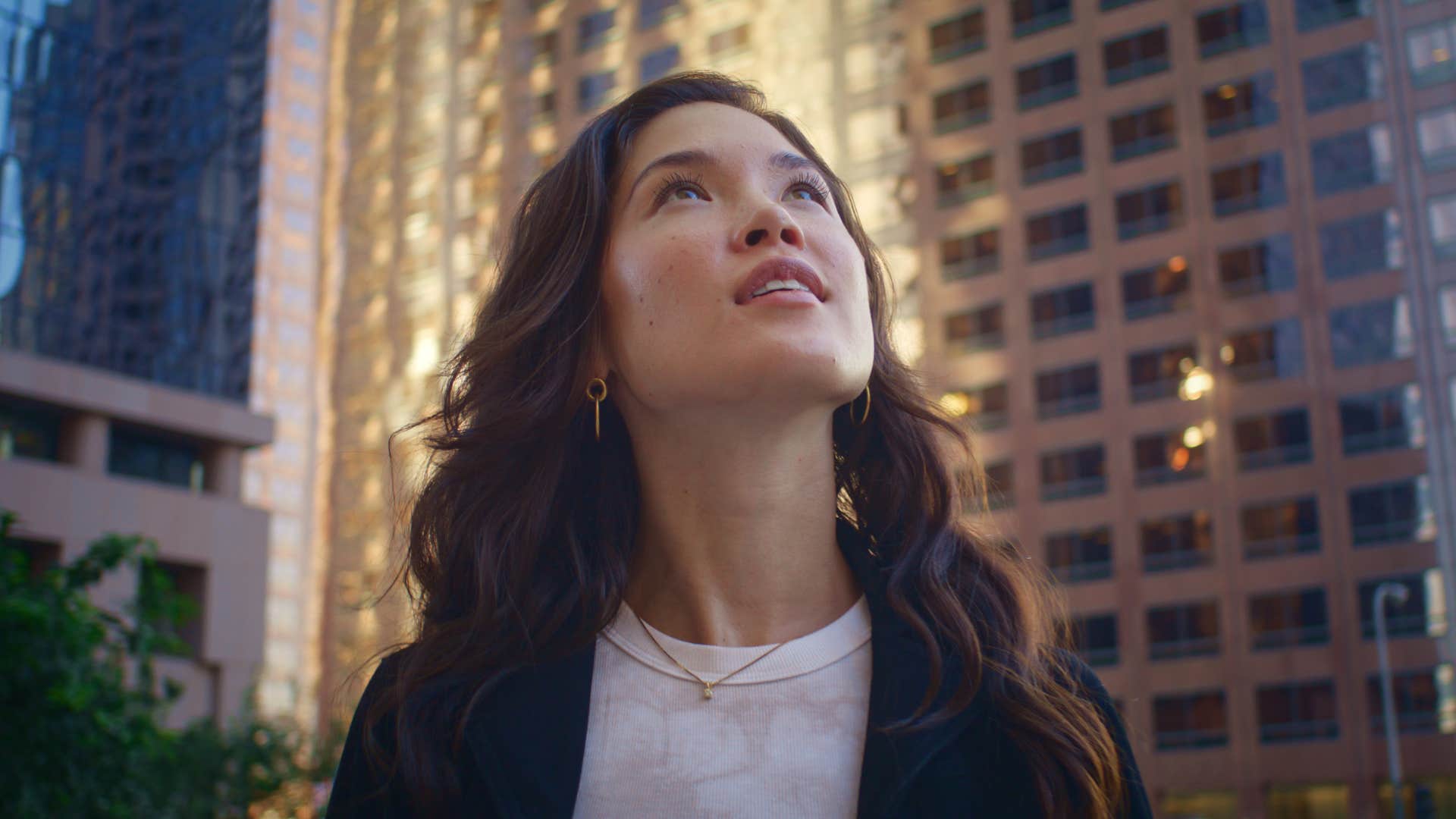 Amazed person appreciates city showing importance of slowing down for self awareness