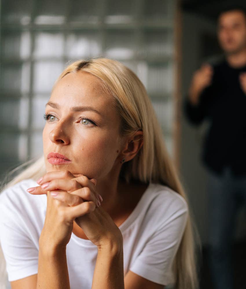 Unhappy person avoids partner showing hidden reason to stay in relationship 