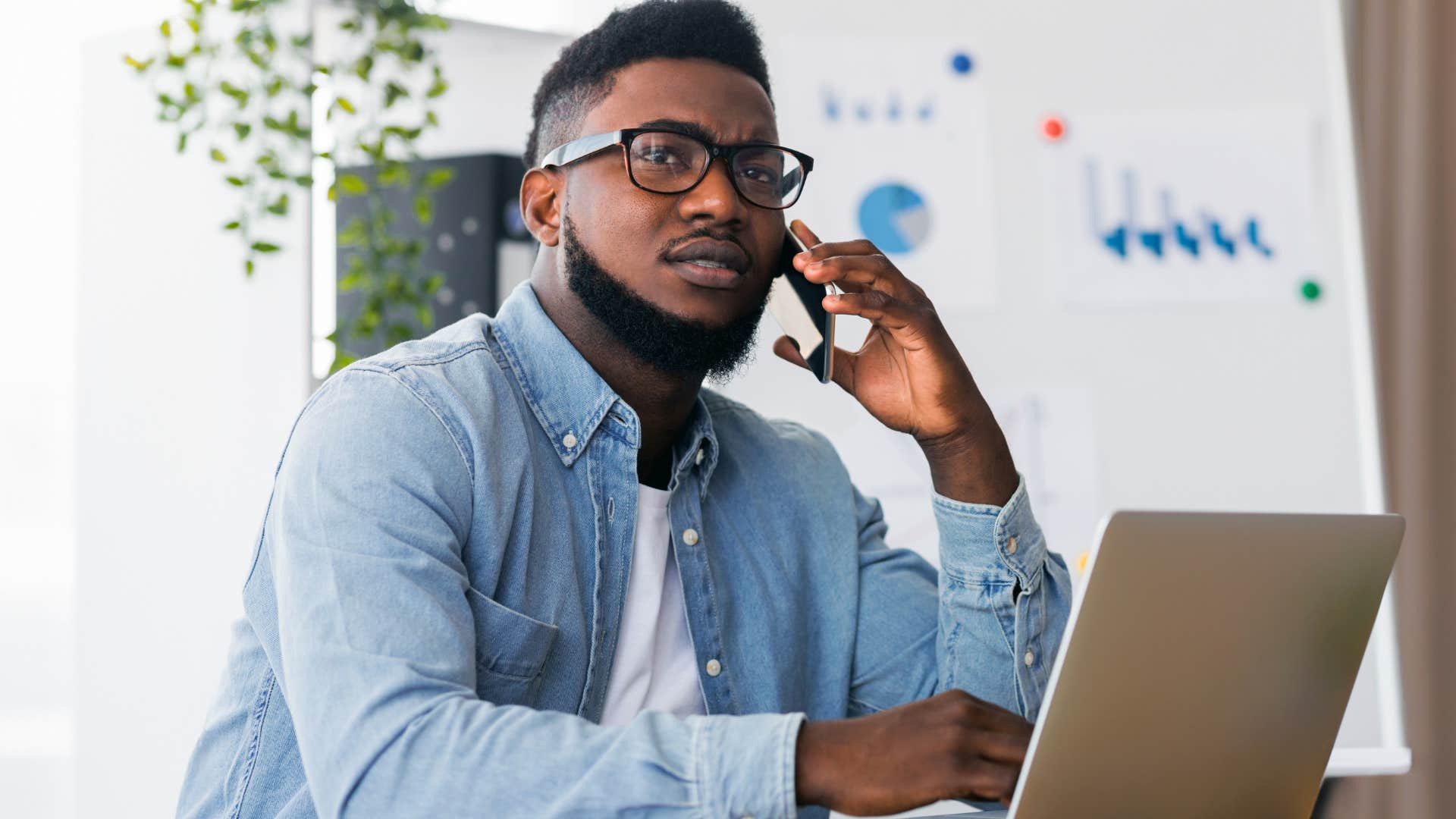drama-free man on the phone saying we can have this conversation when they're around
