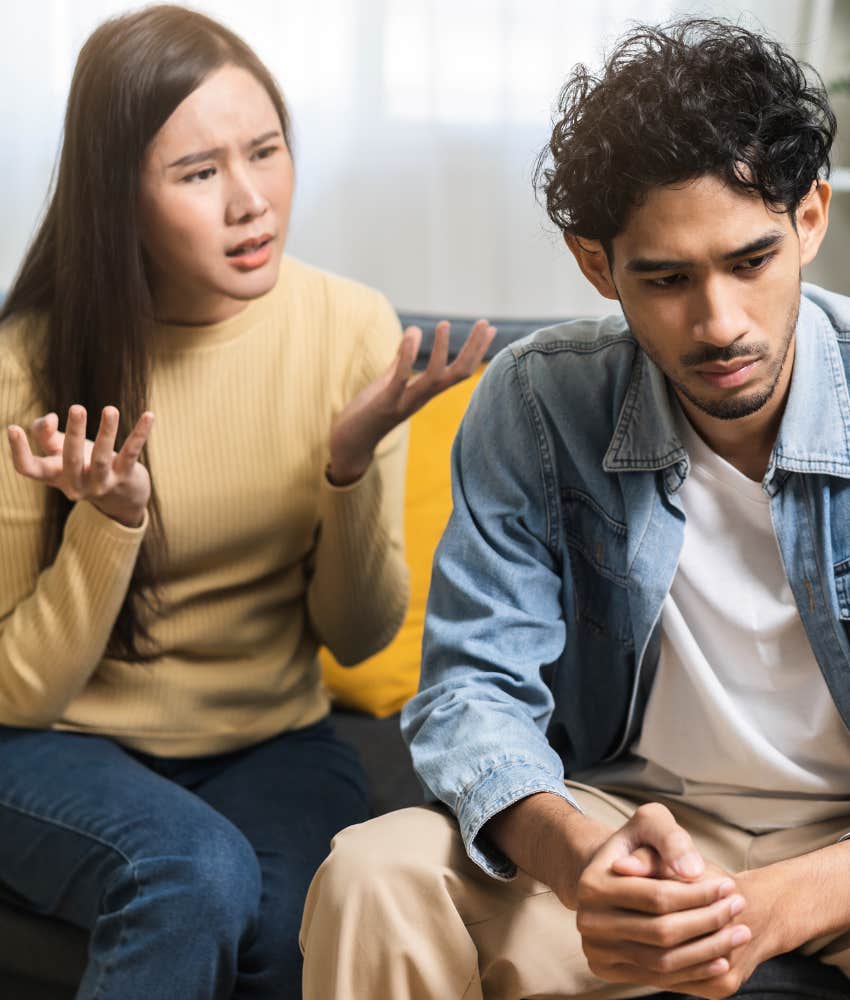 Upset couple disagree showing relationship habit hurts intimacy