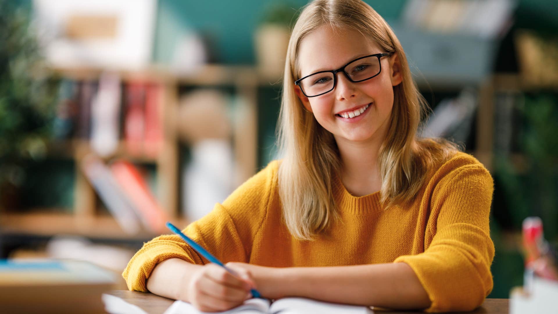 young girl researching without AI in school