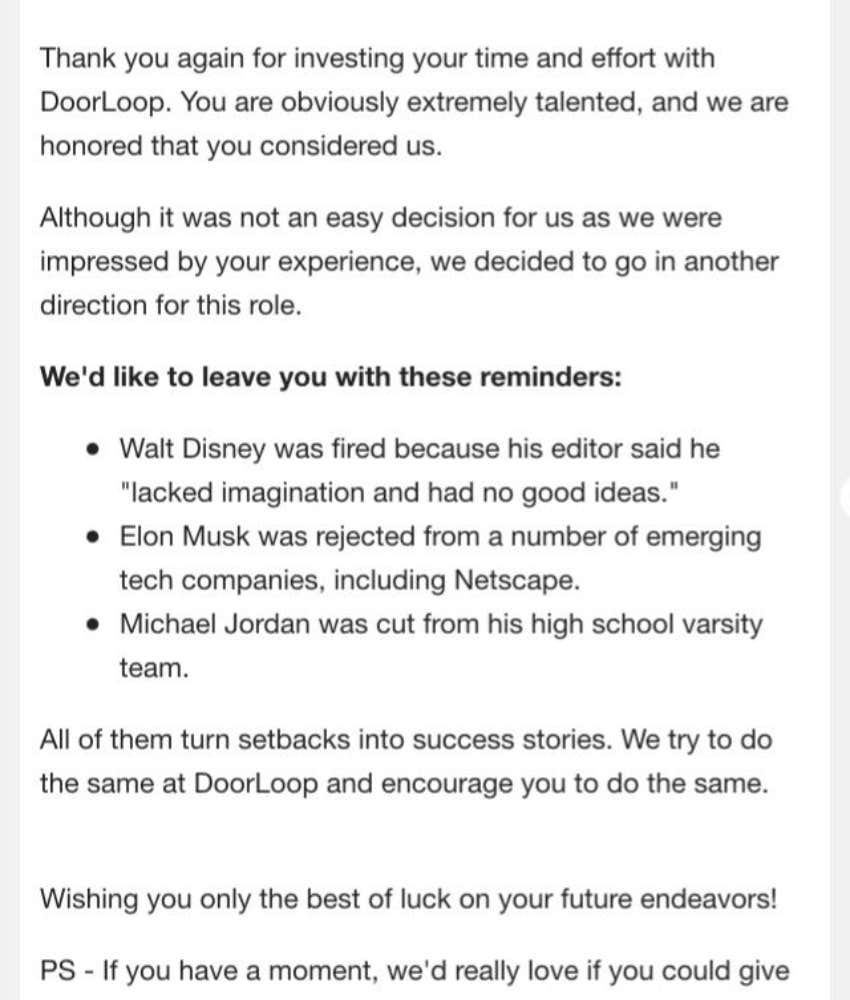 screenshot of the job rejection letter