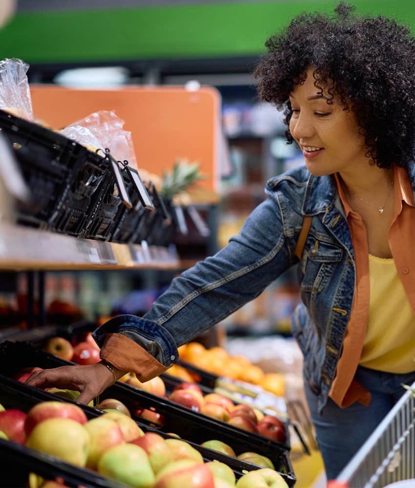 Happy person shops fro healthy food showing way to come back from burnout