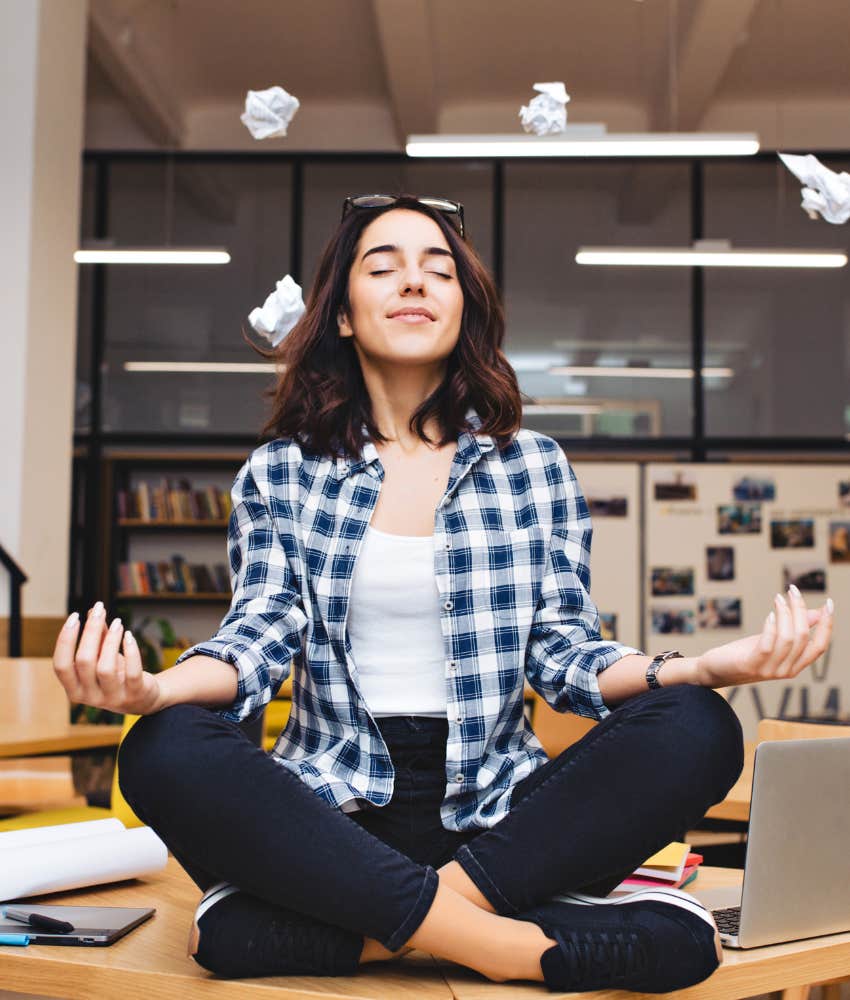 Calm person take a meditation break showing spiritual meaning