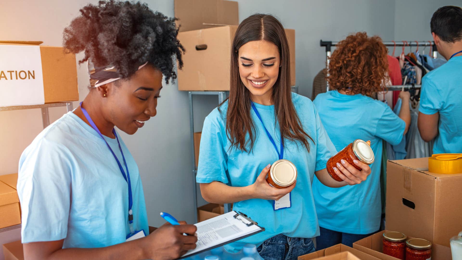 empathetic people volunteering at a soup kitchen